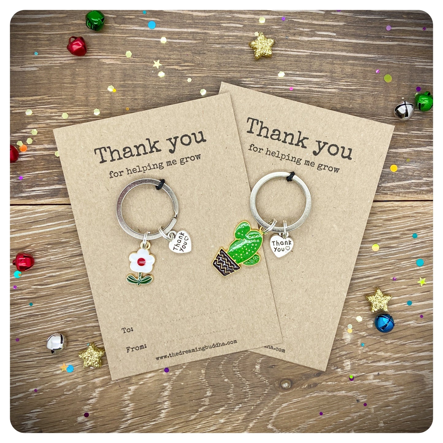Set of 2 Thank You For Helping Me Grow Keyrings, Cactus Flower Charm Keychains, Male Female Teacher Gift Ideas