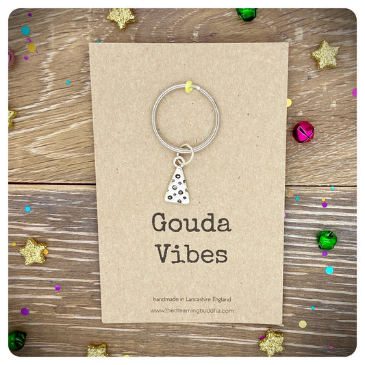 Cheese Card Keyring, Gouda Vibes Cheese Key Chain, Personalised Cheese Lover Gift