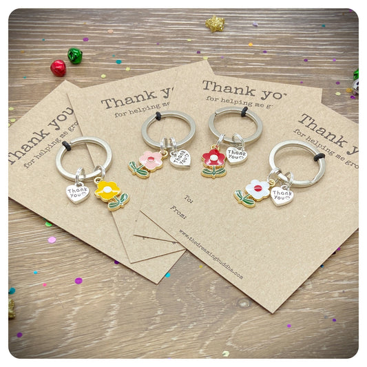 Set Of 4 School Teacher End Of Term Gifts, Pack Of Four Thank You For Helping Me Grow Keyrings, 4 Flower Keychains