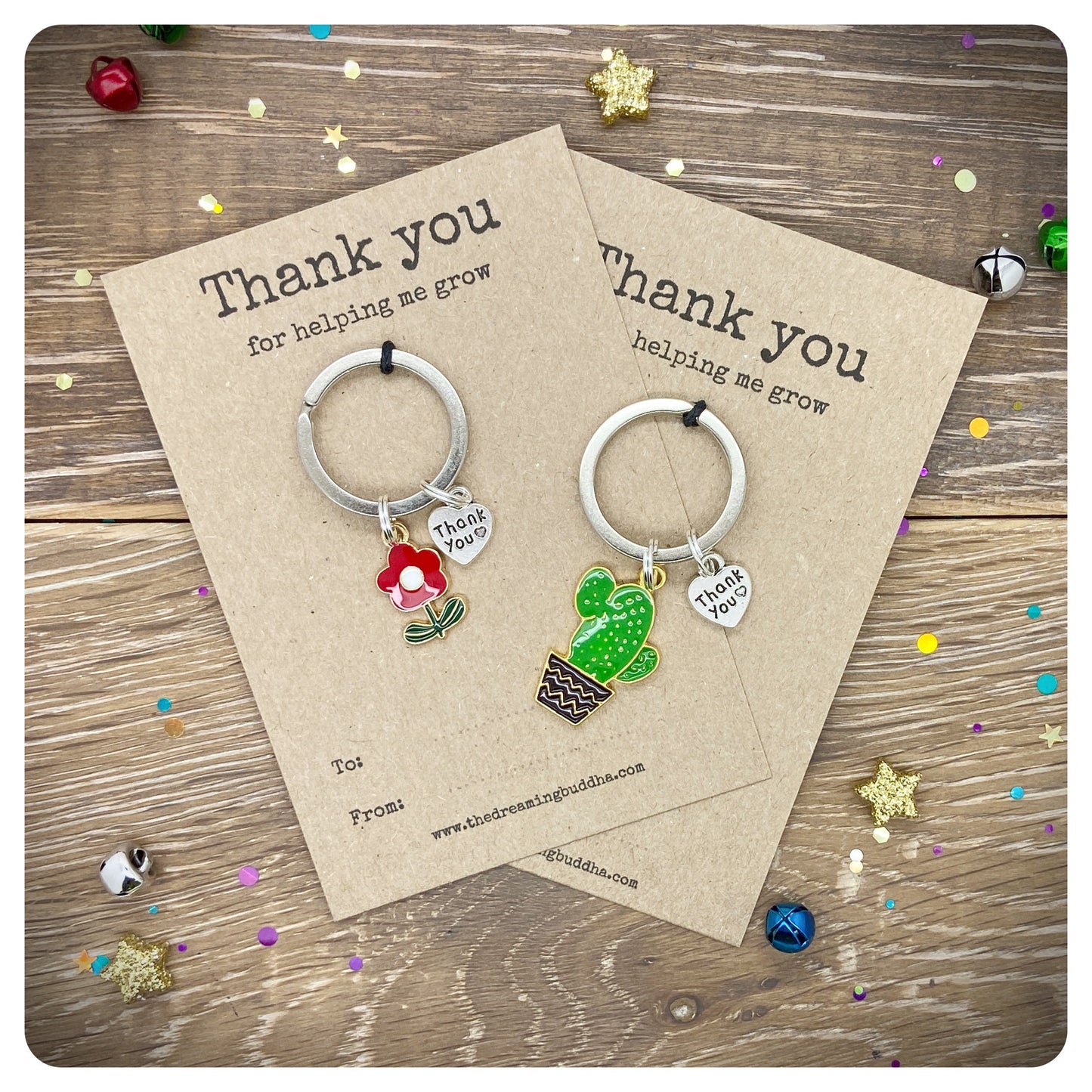 Set of 2 Thank You For Helping Me Grow Keyrings, Cactus Flower Charm Keychains, Male Female Teacher Gift Ideas